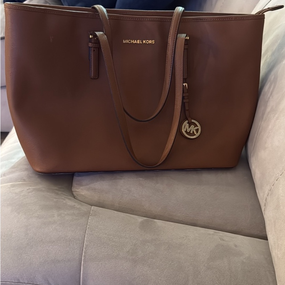 Michael Kors Chestnut Brown Leather Tote with Gold MK Charm